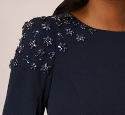 Adrianna Papell Crepe Mermaid Gown With Beaded Cape Sleeves In Midnight -Adrianna Papell Shop AP1E210756 AB411 Regular Lifestyle