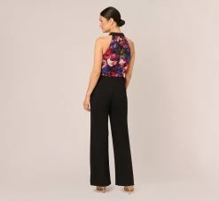Adrianna Papell Halter Jumpsuit With Floral Print Bodice In Black Multi 11 Adrianna Papell Halter Jumpsuit With Floral Print Bodice In Black Multi -Adrianna Papell Shop AP1E210757 AA960 Regular Back