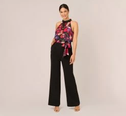 Adrianna Papell Halter Jumpsuit With Floral Print Bodice In Black Multi 8 Adrianna Papell Halter Jumpsuit With Floral Print Bodice In Black Multi -Adrianna Papell Shop AP1E210757 AA960 Regular Default