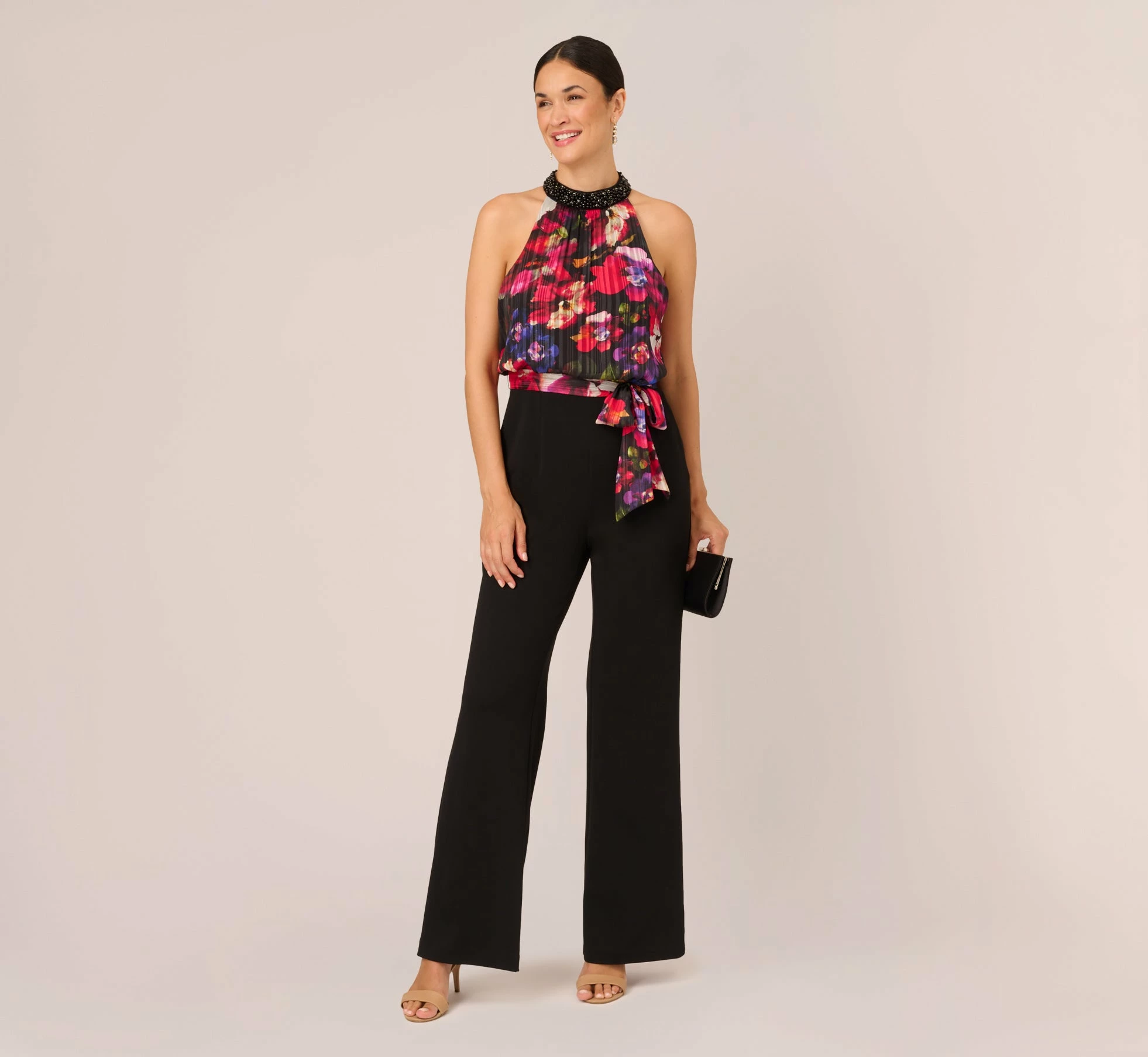 Adrianna Papell Halter Jumpsuit With Floral Print Bodice In Black Multi 3 Adrianna Papell Halter Jumpsuit With Floral Print Bodice In Black Multi - Image 3