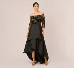 Adrianna Papell Beaded Taffeta Ball Gown With Three-Quarter Sleeves In Black Gold