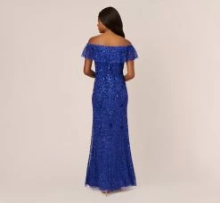 Adrianna Papell Beaded Off The Shoulder Mermaid Gown With Flutter Neck In Ultra Blue 11 Adrianna Papell Beaded Off The Shoulder Mermaid Gown With Flutter Neck In Ultra Blue -Adrianna Papell Shop AP1E210785 AZ401 Regular Back