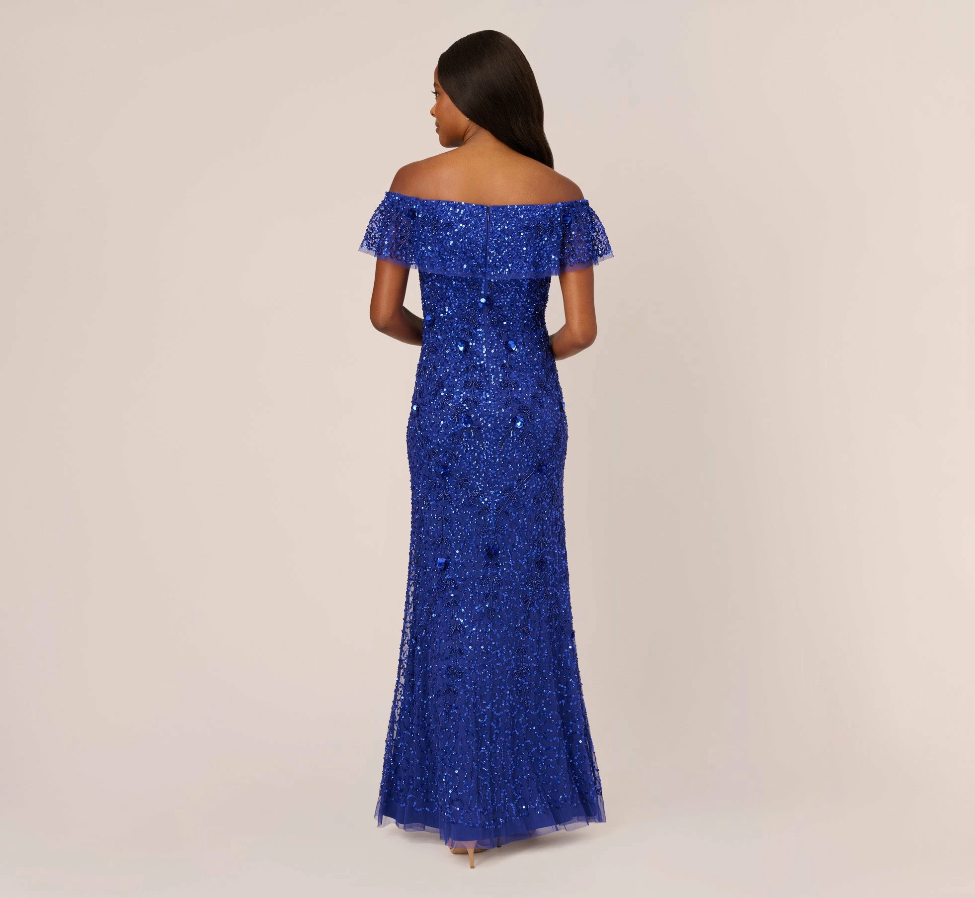 Adrianna Papell Beaded Off The Shoulder Mermaid Gown With Flutter Neck In Ultra Blue 5 Adrianna Papell Beaded Off The Shoulder Mermaid Gown With Flutter Neck In Ultra Blue - Image 5