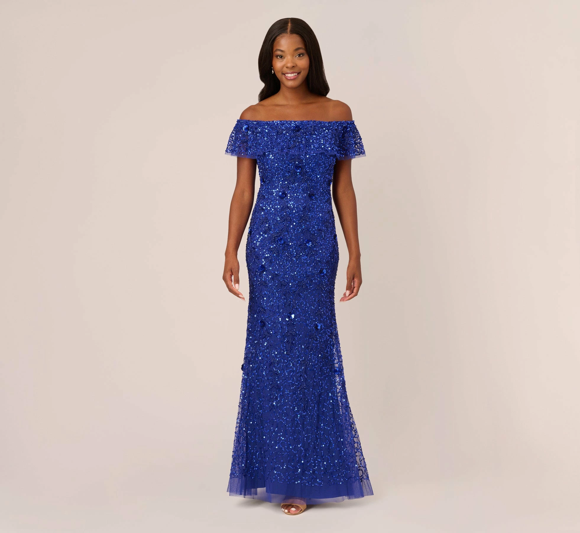 Adrianna Papell Beaded Off The Shoulder Mermaid Gown With Flutter Neck In Ultra Blue 2 Adrianna Papell Beaded Off The Shoulder Mermaid Gown With Flutter Neck In Ultra Blue - Image 2
