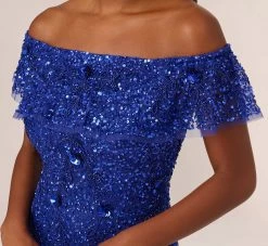 Adrianna Papell Beaded Off The Shoulder Mermaid Gown With Flutter Neck In Ultra Blue 10 Adrianna Papell Beaded Off The Shoulder Mermaid Gown With Flutter Neck In Ultra Blue -Adrianna Papell Shop AP1E210785 AZ401 Regular Detail