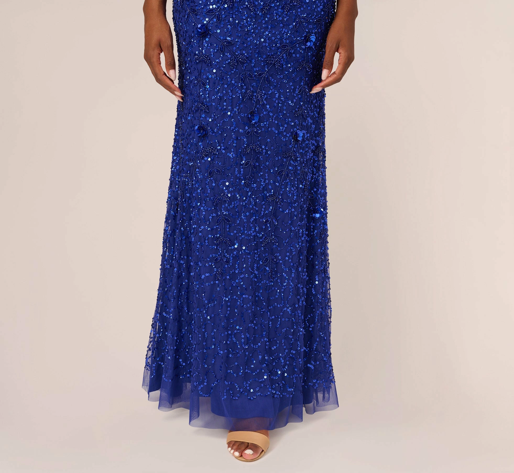Adrianna Papell Beaded Off The Shoulder Mermaid Gown With Flutter Neck In Ultra Blue 6 Adrianna Papell Beaded Off The Shoulder Mermaid Gown With Flutter Neck In Ultra Blue - Image 6