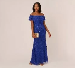 Adrianna Papell Beaded Off The Shoulder Mermaid Gown With Flutter Neck In Ultra Blue 9 Adrianna Papell Beaded Off The Shoulder Mermaid Gown With Flutter Neck In Ultra Blue -Adrianna Papell Shop AP1E210785 AZ401 Regular Side