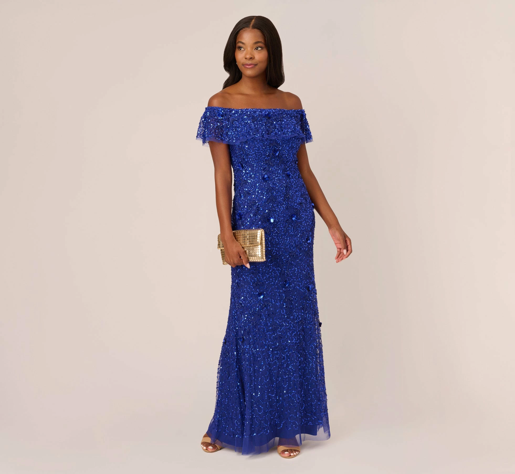 Adrianna Papell Beaded Off The Shoulder Mermaid Gown With Flutter Neck In Ultra Blue 3 Adrianna Papell Beaded Off The Shoulder Mermaid Gown With Flutter Neck In Ultra Blue - Image 3