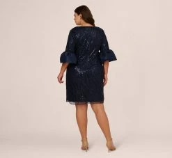 Adrianna Papell Plus Size Sequin Embroidered Dress With Taffeta Bell Sleeves In Midnight -Adrianna Papell Shop AP1E210796 AB411 Plus Back