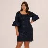 Adrianna Papell Plus Size Sequin Embroidered Dress With Taffeta Bell Sleeves In Midnight