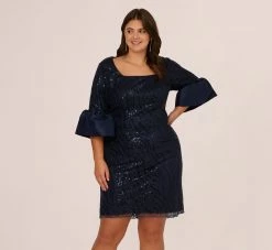 Adrianna Papell Plus Size Sequin Embroidered Dress With Taffeta Bell Sleeves In Midnight