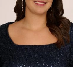 Adrianna Papell Plus Size Sequin Embroidered Dress With Taffeta Bell Sleeves In Midnight -Adrianna Papell Shop AP1E210796 AB411 Plus Detail
