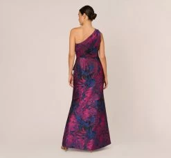 Adrianna Papell One Shoulder Jacquard Mermaid Gown With Drape Detail In Navy Orchid 11 Adrianna Papell One Shoulder Jacquard Mermaid Gown With Drape Detail In Navy Orchid -Adrianna Papell Shop AP1E210810 BG411 Regular Back