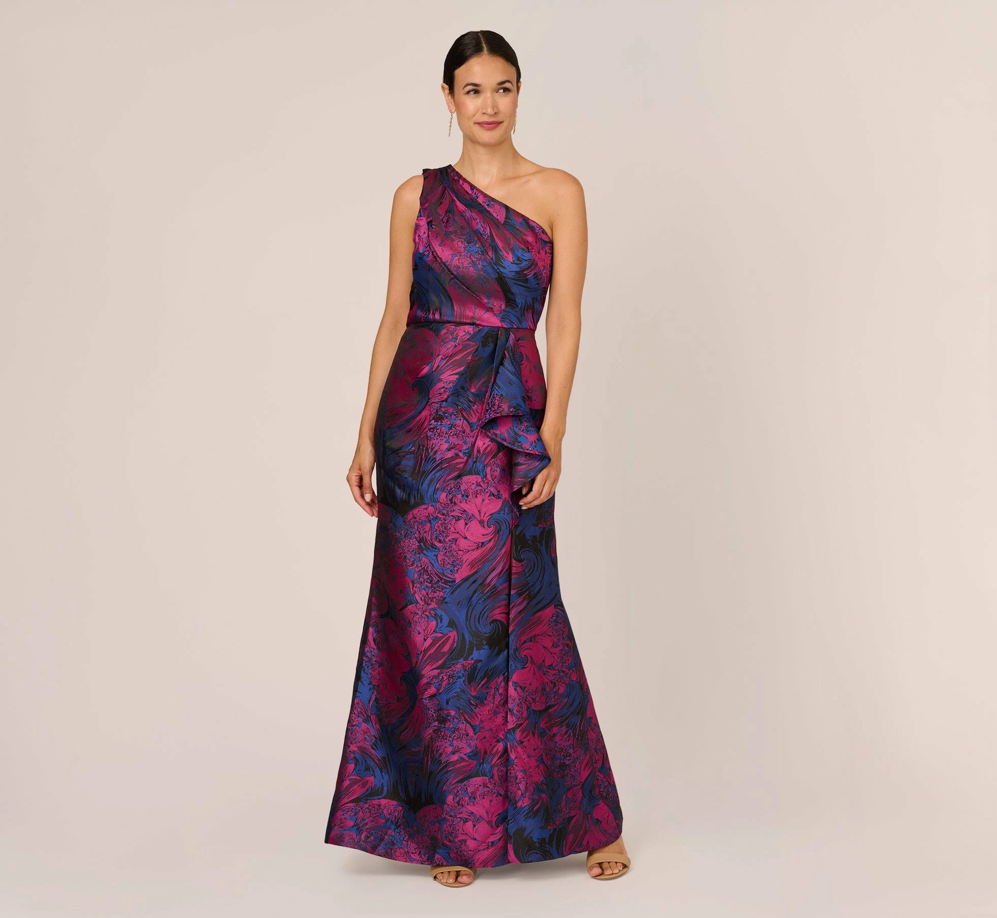 Adrianna Papell One Shoulder Jacquard Mermaid Gown With Drape Detail In Navy Orchid 2 Adrianna Papell One Shoulder Jacquard Mermaid Gown With Drape Detail In Navy Orchid - Image 2