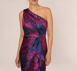 Adrianna Papell One Shoulder Jacquard Mermaid Gown With Drape Detail In Navy Orchid 10 Adrianna Papell One Shoulder Jacquard Mermaid Gown With Drape Detail In Navy Orchid -Adrianna Papell Shop AP1E210810 BG411 Regular Detail