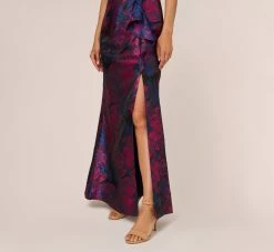 Adrianna Papell One Shoulder Jacquard Mermaid Gown With Drape Detail In Navy Orchid 12 Adrianna Papell One Shoulder Jacquard Mermaid Gown With Drape Detail In Navy Orchid -Adrianna Papell Shop AP1E210810 BG411 Regular Lifestyle