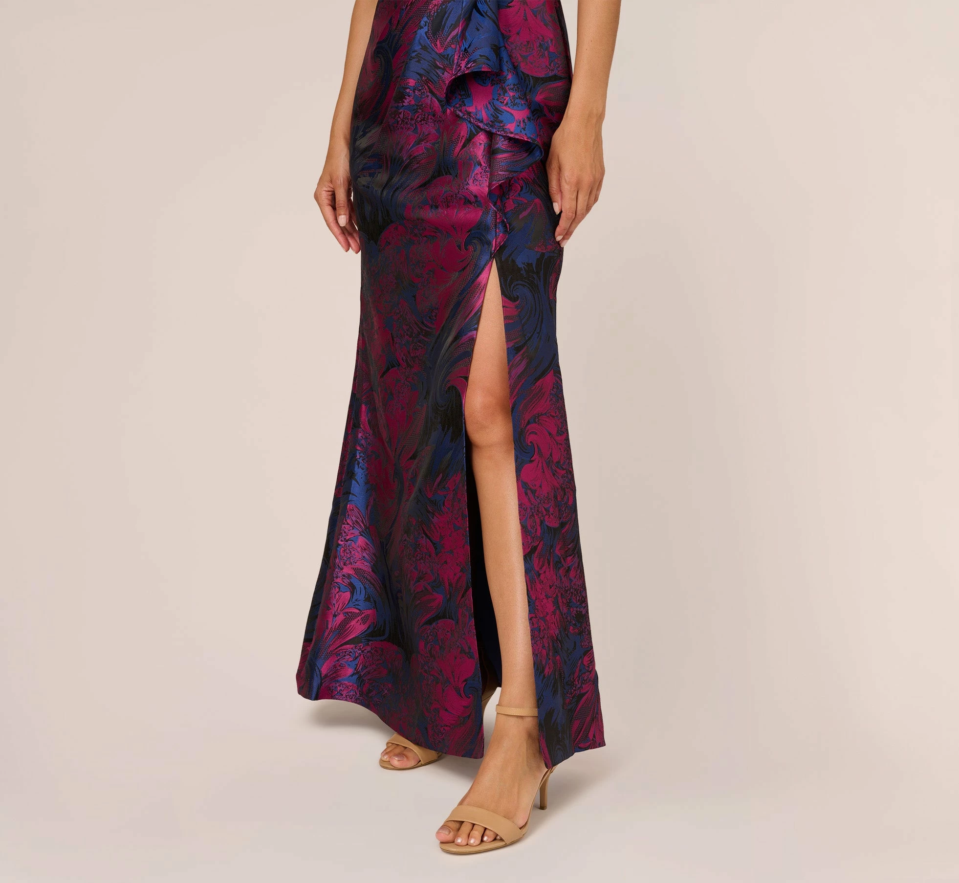 Adrianna Papell One Shoulder Jacquard Mermaid Gown With Drape Detail In Navy Orchid 6 Adrianna Papell One Shoulder Jacquard Mermaid Gown With Drape Detail In Navy Orchid - Image 6