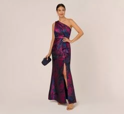 Adrianna Papell One Shoulder Jacquard Mermaid Gown With Drape Detail In Navy Orchid 9 Adrianna Papell One Shoulder Jacquard Mermaid Gown With Drape Detail In Navy Orchid -Adrianna Papell Shop AP1E210810 BG411 Regular Side