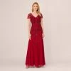 Adrianna Papell Short Sleeve Beaded Gown With Godet Skirt In Cranberry