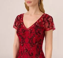 Adrianna Papell Short Sleeve Beaded Gown With Godet Skirt In Cranberry -Adrianna Papell Shop AP1E210813 AD601 Regular Detail