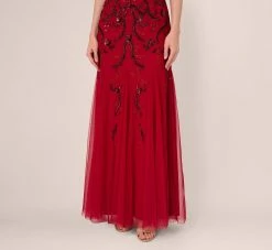 Adrianna Papell Short Sleeve Beaded Gown With Godet Skirt In Cranberry -Adrianna Papell Shop AP1E210813 AD601 Regular Lifestyle