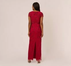 Adrianna Papell Beaded Scalloped Popover Gown With Short Sleeves In Cranberry 9 Adrianna Papell Beaded Scalloped Popover Gown With Short Sleeves In Cranberry -Adrianna Papell Shop AP1E210817 AD601 Regular Back