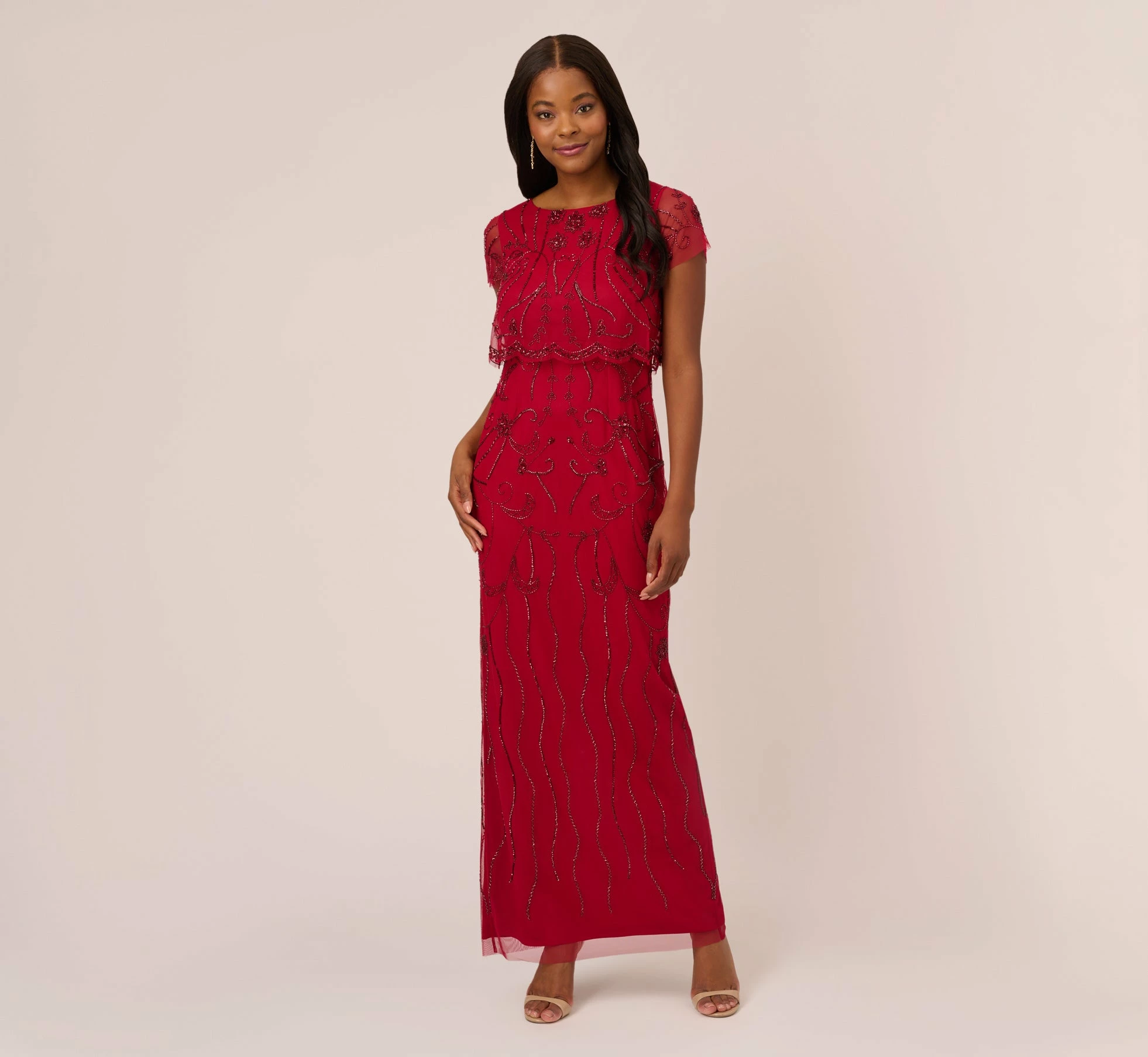 Adrianna Papell Beaded Scalloped Popover Gown With Short Sleeves In Cranberry 1 Adrianna Papell Beaded Scalloped Popover Gown With Short Sleeves In Cranberry