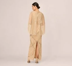 Adrianna Papell Scallop Beaded Cape Column Gown In Gold -Adrianna Papell Shop AP1E210818 AA038 Regular Back