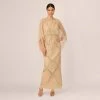 Adrianna Papell Scallop Beaded Cape Column Gown In Gold