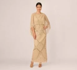 Adrianna Papell Scallop Beaded Cape Column Gown In Gold
