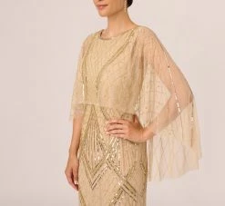 Adrianna Papell Scallop Beaded Cape Column Gown In Gold -Adrianna Papell Shop AP1E210818 AA038 Regular Detail