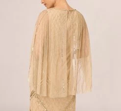 Adrianna Papell Scallop Beaded Cape Column Gown In Gold -Adrianna Papell Shop AP1E210818 AA038 Regular Lifestyle