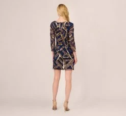 Adrianna Papell Geo Beaded Dress With Three Quarter Sleeves In Black Multi -Adrianna Papell Shop AP1E210831 AA963 Regular Back