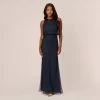 Adrianna Papell Line Beaded Blouson Mermaid Gown With Halter Neckline In Navy Black