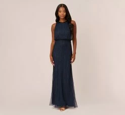 Adrianna Papell Line Beaded Blouson Mermaid Gown With Halter Neckline In Navy Black