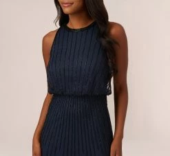 Adrianna Papell Line Beaded Blouson Mermaid Gown With Halter Neckline In Navy Black -Adrianna Papell Shop AP1E210842 AB410 Regular Detail