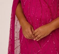 Adrianna Papell Plus Size Sequin Beaded Cape Dress With Illusion Neckline In Hot Orchid -Adrianna Papell Shop AP1E210846 BA670 Plus Detail
