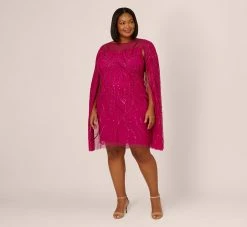 Adrianna Papell Plus Size Sequin Beaded Cape Dress With Illusion Neckline In Hot Orchid -Adrianna Papell Shop AP1E210846 BA670 Plus Front