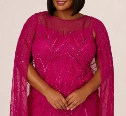 Adrianna Papell Plus Size Sequin Beaded Cape Dress With Illusion Neckline In Hot Orchid -Adrianna Papell Shop AP1E210846 BA670 Plus Lifestyle