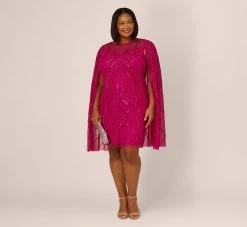 Adrianna Papell Plus Size Sequin Beaded Cape Dress With Illusion Neckline In Hot Orchid -Adrianna Papell Shop AP1E210846 BA670 Plus Side