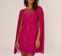 Adrianna Papell Sequin Beaded Cape Dress With Illusion Neckline In Hot Orchid -Adrianna Papell Shop AP1E210846 BA670 Regular Lifestyle
