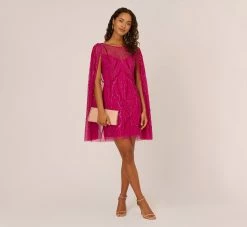 Adrianna Papell Sequin Beaded Cape Dress With Illusion Neckline In Hot Orchid -Adrianna Papell Shop AP1E210846 BA670 Regular Side