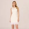 Adrianna Papell Sleeveless Floral Lace Dress With Feather Trim In Ivory
