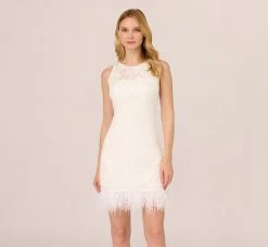 Adrianna Papell Sleeveless Floral Lace Dress With Feather Trim In Ivory