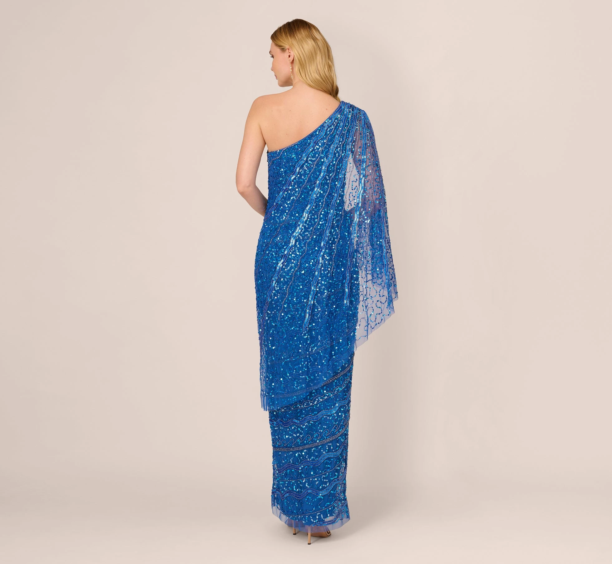 Adrianna Papell One Shoulder Beaded Column Gown With Draped Sleeve In Blue Horizon 4 Adrianna Papell One Shoulder Beaded Column Gown With Draped Sleeve In Blue Horizon - Image 4