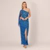 Adrianna Papell One Shoulder Beaded Column Gown With Draped Sleeve In Blue Horizon