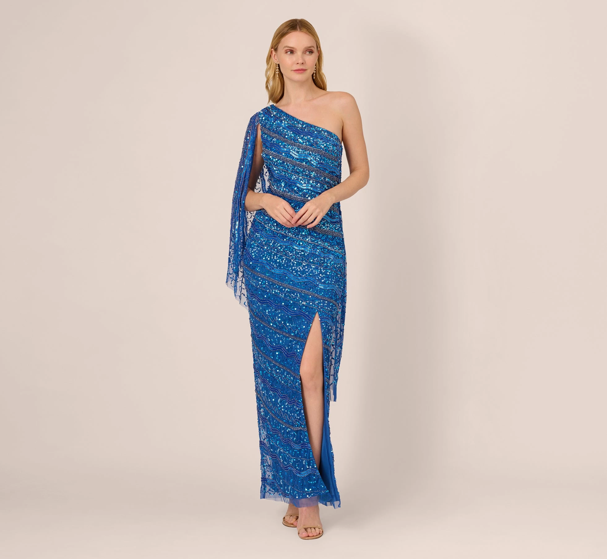Adrianna Papell One Shoulder Beaded Column Gown With Draped Sleeve In Blue Horizon 1 Adrianna Papell One Shoulder Beaded Column Gown With Draped Sleeve In Blue Horizon