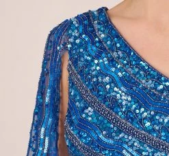 Adrianna Papell One Shoulder Beaded Column Gown With Draped Sleeve In Blue Horizon 8 Adrianna Papell One Shoulder Beaded Column Gown With Draped Sleeve In Blue Horizon -Adrianna Papell Shop AP1E210904 AD402 Regular Detail