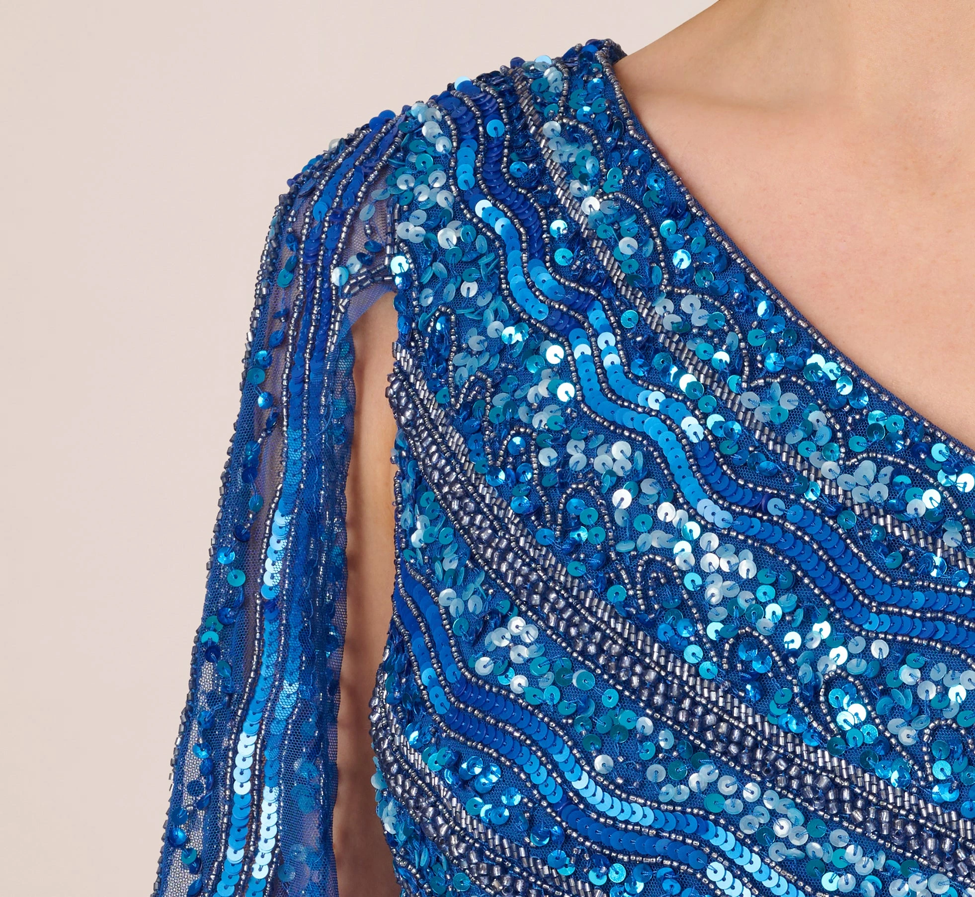 Adrianna Papell One Shoulder Beaded Column Gown With Draped Sleeve In Blue Horizon 3 Adrianna Papell One Shoulder Beaded Column Gown With Draped Sleeve In Blue Horizon - Image 3