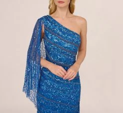Adrianna Papell One Shoulder Beaded Column Gown With Draped Sleeve In Blue Horizon 10 Adrianna Papell One Shoulder Beaded Column Gown With Draped Sleeve In Blue Horizon -Adrianna Papell Shop AP1E210904 AD402 Regular Lifestyle